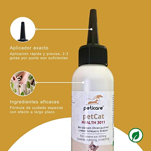 Peticare Gato Aceite de Cuidado Limpiador para Acaros del Oido y Anti-Parasitos - Gotas de Tratamiento, Limpia Eficazmente Orejas, Detiene Otitis Parasitaria - petCat Health 3011