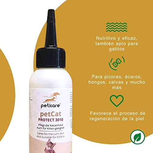 Peticare Gato Tratamiento Eficaz - Producto Cuidado eficaz contra Picor, Hongos y Anti-Ácaros en Perros, Demódex, Ácaros de la Sarna y Otras Especies, Detiene Picazon Fuerte - petCat Protect 3010