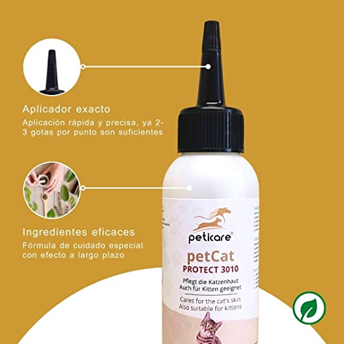 Peticare Gato Tratamiento Eficaz - Producto Cuidado eficaz contra Picor, Hongos y Anti-Ácaros en Perros, Demódex, Ácaros de la Sarna y Otras Especies, Detiene Picazon Fuerte - petCat Protect 3010