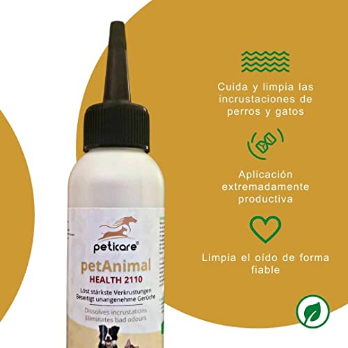 Peticare Limpiador de oídos para Perros y Gatos - Gotas para el Cuidado de los oídos, Limpia a Fondo, para el Mal Olor, disuelve Las Incrustaciones - petAnimal Health 2110