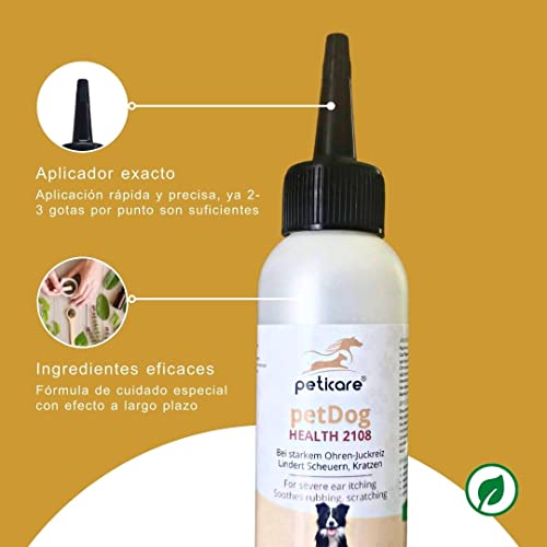 Peticare Perro Aceite de Cuidado Limpiador para Acaros del Oido y Anti-Parasitos - Gotas de Tratamiento, Limpia Eficazmente Orejas, Detiene Otitis Parasitaria - petDog Health 2108