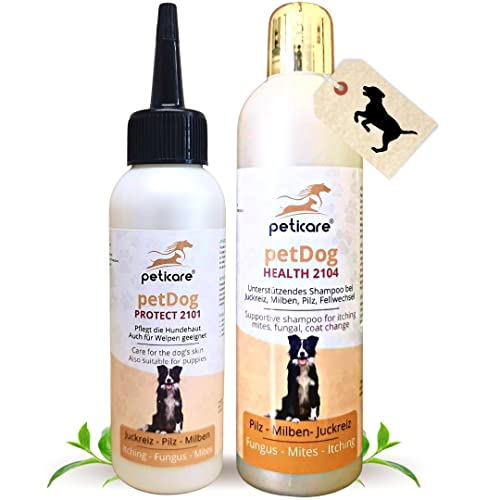 Peticare Set para Cuidado del Perro picazón ácaros pulgas Hongos - loción 100 ml & champú 250 ml para el Olor desagradable del Pelaje fórmula de Cuidado eficaz - Set 2135