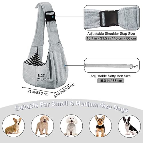 PetLoft Bolso Bandolera Transportín, Reversible Bolso Porta Mascotas Sling, Ajustable Bolsa de Hombro Cruzada para Perro con Gancho de Collar para Perros / Gatos / Conejos de hasta 11 Libras - Gris