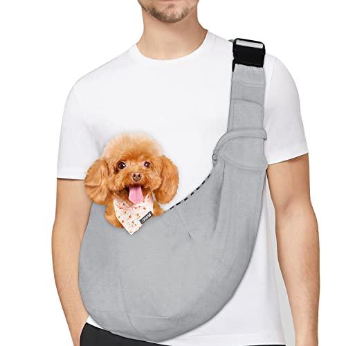 PetLoft Bolso Bandolera Transportín, Reversible Bolso Porta Mascotas Sling, Ajustable Bolsa de Hombro Cruzada para Perro con Gancho de Collar para Perros / Gatos / Conejos de hasta 11 Libras - Gris