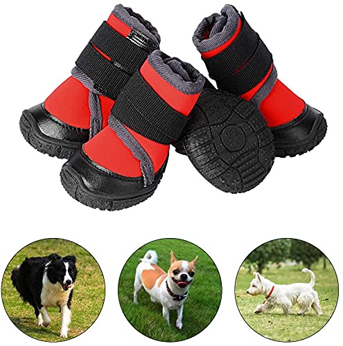 PETLOFT Botas para Perros, 4pcs Antideslizante Botas Perro con Correa de Cierre Adjustable para Perros Pequeños Medianos Grandes, Fácil de Poner Perro Protector Pata (S, Rojo)