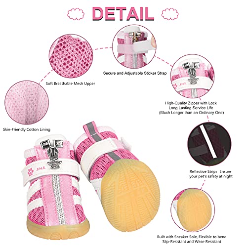 PETLOFT Zapatos para Perros, Reflectante Antideslizante 4pcs Botas para Perro con Correa de Cierre Adjustable para Perros Pequeño Mediano Fácil de Poner Perro Protector Pata Uso Diario (XXS, Rosado)