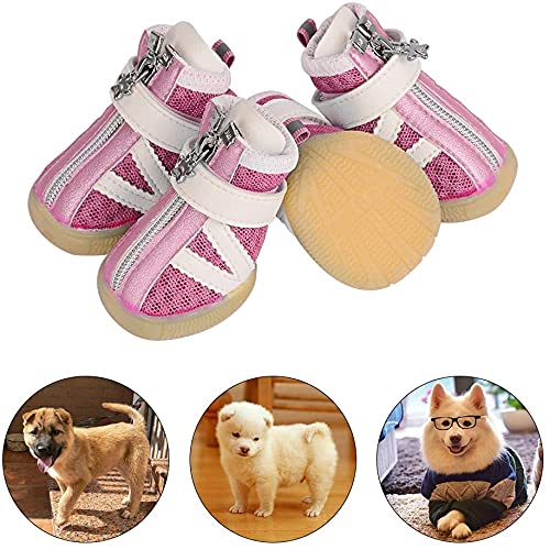 PETLOFT Zapatos para Perros, Reflectante Antideslizante 4pcs Botas para Perro con Correa de Cierre Adjustable para Perros Pequeño Mediano Fácil de Poner Perro Protector Pata Uso Diario (XXS, Rosado)