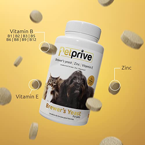 Petprive Levadura De Cerveza para Perros Y Gatos con Vitamina B, Vitamina E, Zinc Y Minerales - Vitaminas para Perros - Suplemento Vitaminico Natural para Pelo, Piel Y Uñas - 180 Comprimidos