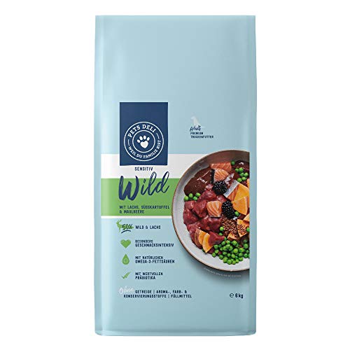 Pets Deli Comida para Perros sin Cereales 6kg – pienso Saludable para Perros | Carne de Caza y salmón con Batata Dulce y madura - Comida Seca con 50% de Carne y Pescado, sin aditivos