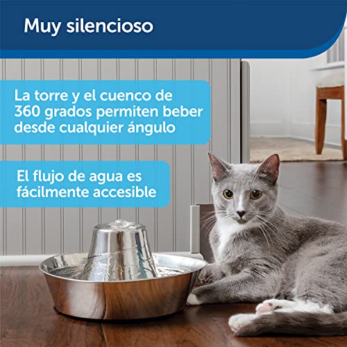 PetSafe Fuente Para Mascotas Inoxidable Costa Calma De, Capacidad De 1,8 Litros De Agua, Diseño Silencioso, Agua Filtrada, Anima A Las Mascotas A Beber Más Agua 1097 g