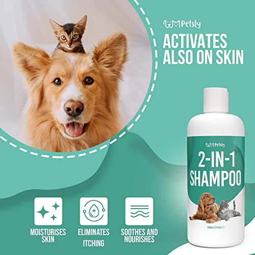 Petsly Champu para Perros y Gatos 2 en 1: Limpia y Acondiciona - Champu Perros Piel Sensible con Aloe Vera - Champu Perro Pelo Blanco y Oscuro, Fórmula Natural - Acondicionador Perros y Gatos, 500ml