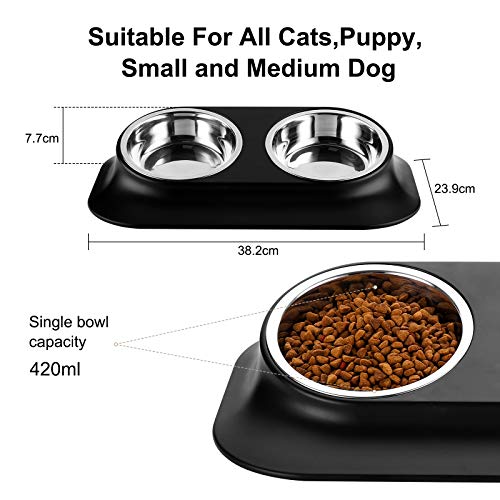 PETTOM 15°Inclinación Cuencos para Perros Gatos,Acero Inoxidable Comedero Tazón Doble en Ángulo Oblicuo con Alfombra Antideslizante para Cachorro Gatito Grande Mediano Pequeño Mascotas,2*420ml,Negro