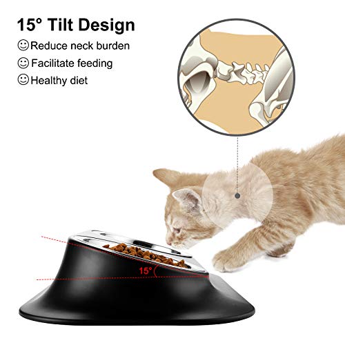 PETTOM 15°Inclinación Cuencos para Perros Gatos,Acero Inoxidable Comedero Tazón Doble en Ángulo Oblicuo con Alfombra Antideslizante para Cachorro Gatito Grande Mediano Pequeño Mascotas,2*420ml,Negro