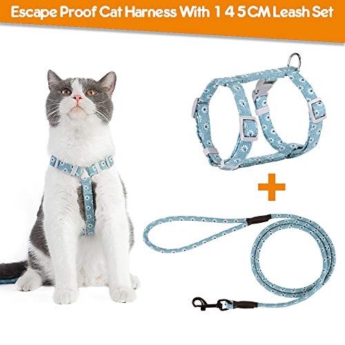 PETTOM Arnes Gato Ajustable Antiescape con Correa Cuerda Redonda Cómodo Seguridad Arnés de Gato para Pequeño Medio Grande Gato Adulto Cachorros Cat Harness para Caminar Viajes Azul M