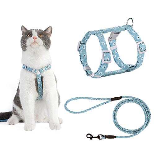 PETTOM Arnes Gato Ajustable Antiescape con Correa Cuerda Redonda Cómodo Seguridad Arnés de Gato para Pequeño Medio Grande Gato Adulto Cachorros Cat Harness para Caminar Viajes Azul M