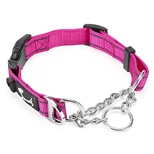 PETTOM Collar Antitirones para Perro Martingale Collar Estrangulador con Hebilla de Cierre de Seguridad Anillo de Metal, Reflectante Ajustable Collar para Perros Pequeños Medianos Grandes Rosa M