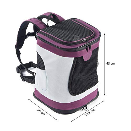 PETTOM Mochila para Perro Gatos Conejo Transpirable Plegable Pet Backpack para Mascotas de Peso hasta 8 kg Transportín con Fondo Rígido Viaje Aero Tren Trekking Bici Moto Morado