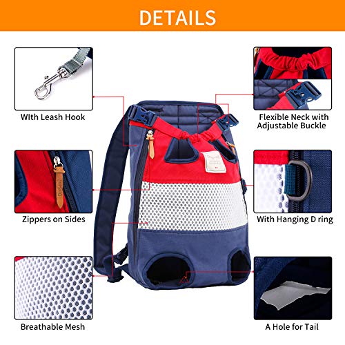 PETTOM Mochila Portaperro para Perro Gato Mascota Pequeño Cachorro Mediano, Transportin Transporte Adjustable Bolsa Delantera Piernas Afuera hasta 12 kg para Viaje Paseo Camping (Rojo y Azul)