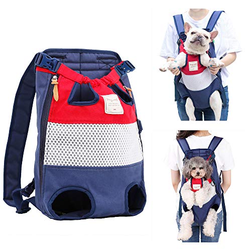 PETTOM Mochila Portaperro para Perro Gato Mascota Pequeño Cachorro Mediano, Transportin Transporte Adjustable Bolsa Delantera Piernas Afuera hasta 12 kg para Viaje Paseo Camping (Rojo y Azul)