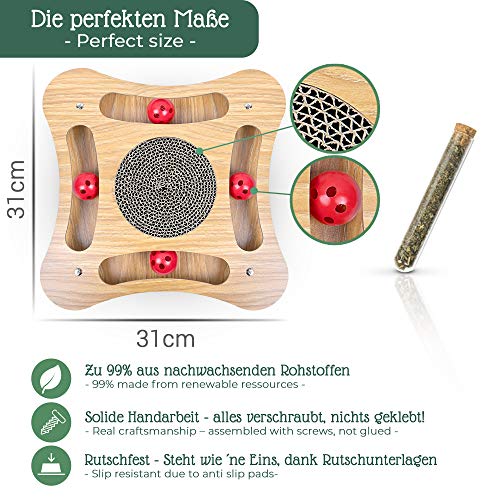 Pfotenolymp Juguete de Madera para Gatos Tablero de rascar de cartón Interactivo y ecológico para Gatos - Tablero de Juego para Mantener Ocupado - Juguete de Comida Natural con Pelota y Hierba gatera