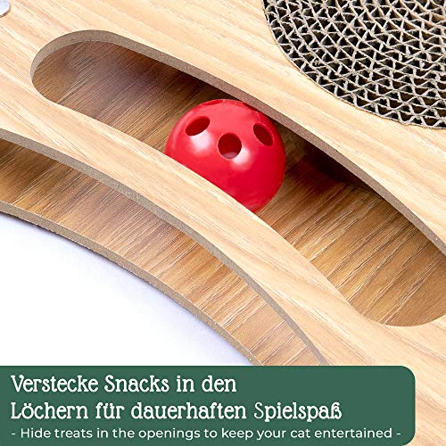 Pfotenolymp Juguete de Madera para Gatos Tablero de rascar de cartón Interactivo y ecológico para Gatos - Tablero de Juego para Mantener Ocupado - Juguete de Comida Natural con Pelota y Hierba gatera