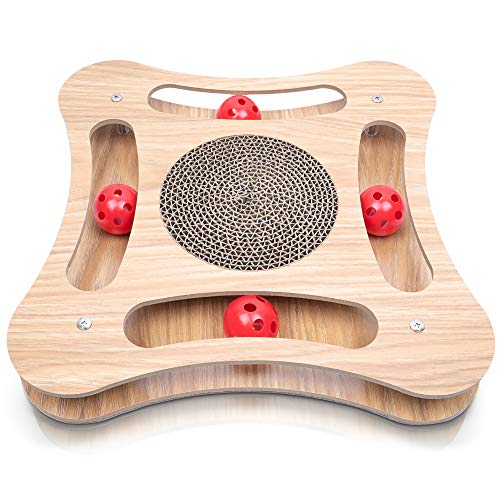 Pfotenolymp Juguete de Madera para Gatos Tablero de rascar de cartón Interactivo y ecológico para Gatos - Tablero de Juego para Mantener Ocupado - Juguete de Comida Natural con Pelota y Hierba gatera