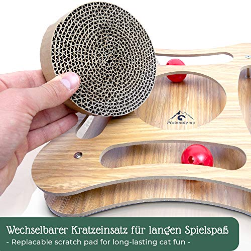 Pfotenolymp Juguete de Madera para Gatos Tablero de rascar de cartón Interactivo y ecológico para Gatos - Tablero de Juego para Mantener Ocupado - Juguete de Comida Natural con Pelota y Hierba gatera