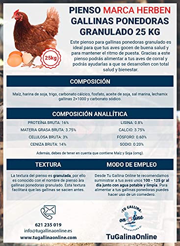 Pienso Granulado Gallinas Ponedoras, Saco de 25 Kg | Pienso de 1º Calidad, Rico en Nutrientes y Propiedades