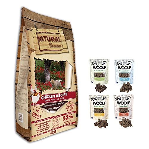 Pienso Natural Greatness de Pollo SIN Cereales Hipoalergénico Perros Cachorros y Adultos Mini - ToySaco 6 Kg + 4 Snacks Naturales Woolf 80 grs (Pescado, Cordero, Pollo y Pavo) | ANIMALUJOS