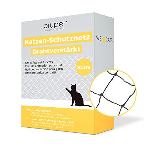 PiuPet® - Red para Gatos Reforzada con Alambre, para balcón y Ventana, Incluye Set de fijación, Red para Balcones para Gatos, Color Negro (8 x 3 m)