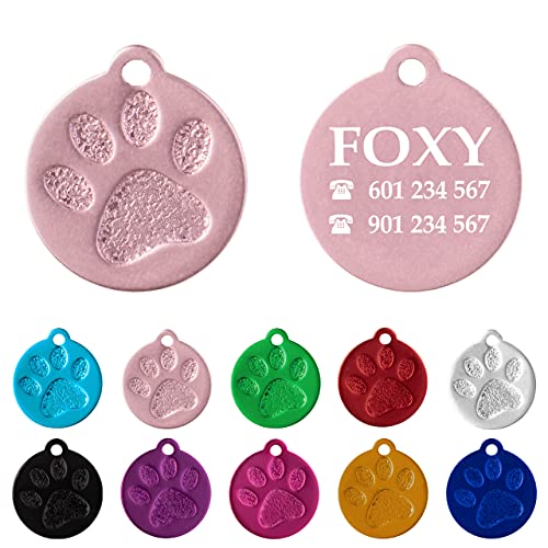 Placa Redonda con Huella para Mascotas pequeñas-Medianas Chapa Medalla de identificación Personalizada para Collar Perro Gato Mascota grabada (Rosa)