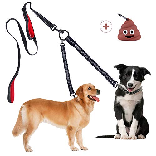 Plomo Doble para Perros Correa 360° Sin Enredo, Correa Desacoplable Multifuncional para 1 o 2 Perros, Reflexivo Bungee Absorbe Impactos, para Dos Perros de hasta 50 kg con 2 Asas Acolchadas Cómodas