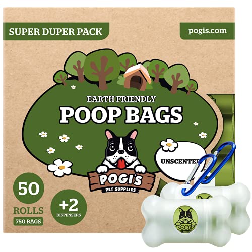 Pogi's Poop Bags - Bolsas para excremento de Perro + 2 dispensador - 50 Rollos no perfumados (750 Bolsas) - Grandes, Biodegradables, Herméticas