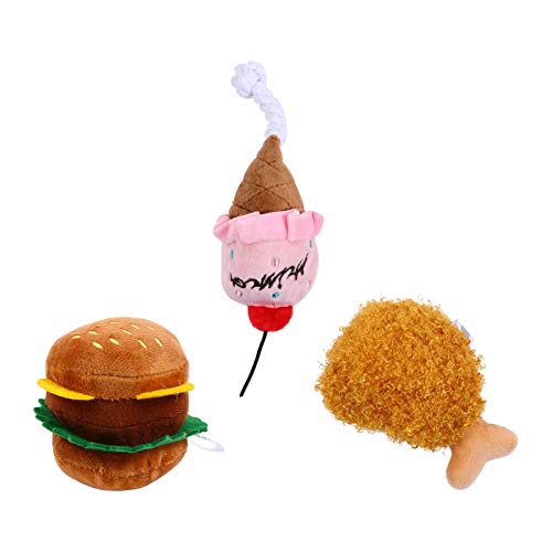 POPETPOP 3Pcs Perro de Peluche de Juguete Chirriante Helado Hamburguesa Muslos de Pollo Frito Juguetes de Peluche Cachorro Chillón Interactivo Juguete Molar para Pequeño Medio Grande Perro