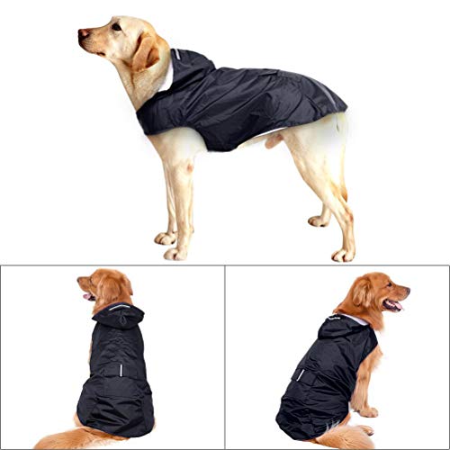 POPETPOP Chubasquero con Capucha para Perros Medianos y Grandes, Sudaderas Impermeable, Agujero para Arnés, Tira Reflectante, Bolsillos (Negro, 4XL)