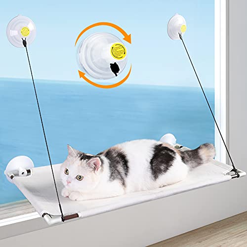 PUEIKAI Hamaca Ventana de Gato, Cama Gato Colgante para Gato, Hamaca para Gatos con Ventosas de Perilla Resistentes, Cama de Gato Ventosa para Tomar el Sol, Soportar hasta 50LBS (Blanco)