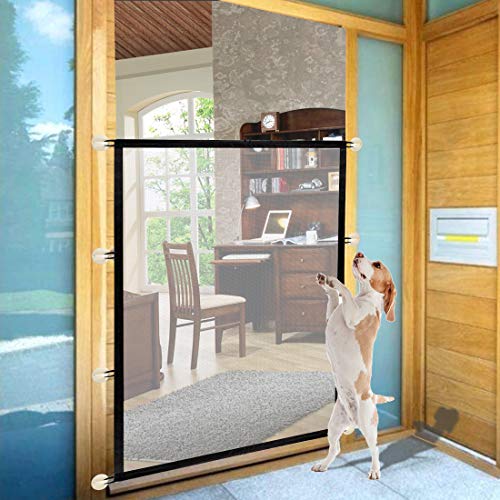 Puerta mágica para perros, puerta de seguridad portátil, plegable, de malla de 150 cm x 110 cm, se adapta a la mayoría de puertas interiores y exteriores, protector seguro para perros, gatos y bebés