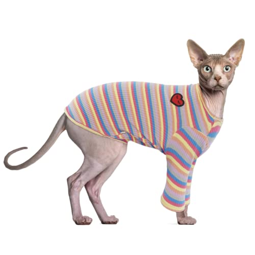 PUMYPOREITY Ropa para Gatos Esfinge, Jersey a Rayas Algodón Gato Chaleco Suéter para Invierno Ropa Cálido de Gato Abrigo Traje Camiseta Hairless Cat para Gatos(Púrpura, XS)