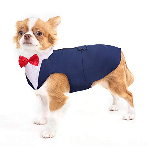 PUMYPOREITY Ropa para Perros Pajarita Esmoquin Traje Smoking Perro Mascota Boda Formal Traje Elegante con Bandana Retirable Camisa de Esmoquin Formal para Perros Pequeños Medianos Grandes(Azul,S)