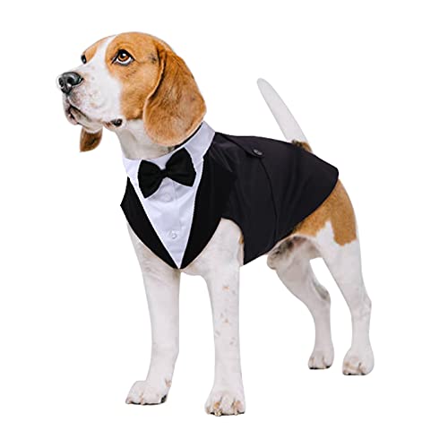 PUMYPOREITY Ropa para Perros Pajarita Esmoquin Traje Smoking Perro Mascota Boda Formal Traje Elegante con Bandana Retirable Camisa de Esmoquin Formal para Perros Pequeños Medianos Grandes(Negro,L)