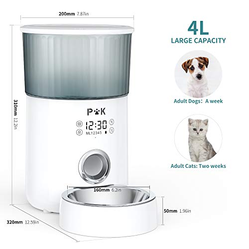 PUPPY KITTY Comedero automático, comedero Temporizador de 4L para Perros y Gatos, con Tono de dispensación Personalizado, Control de porciones, 1-5 Comidas, Cuenco de Acero Inoxidable.