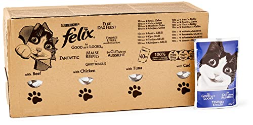 Purina Felix Le Ghiottonerie - Alimento para Gatos con Manzana, Pollo, merluza y atún, 80 Bolsas de 100 g