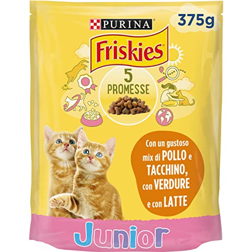 Purina Friskies Pienso para Gato Cachorro Junior, con Pollo, Leche y Verduras añadidas, 12 Bolsas de 375 g Cada uno, Paquete de 12 x 375 g, Peso Total 4,5 kg