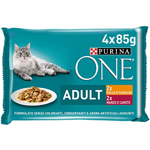 Purina One Húmedo Gato Adult con roscas de Salsa con Pollo y judías, con Ternera y Zanahoria, 48 Sobres de 85 g Cada una (12 Paquetes de 4 x 85 g)