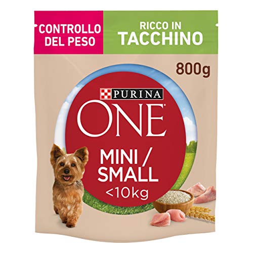 PURINA ONE Mini <10 kg Control del Peso Croquetas para Perros de pequeño tamaño Rico en Pavo con arroz, 8 Paquetes de 800 g