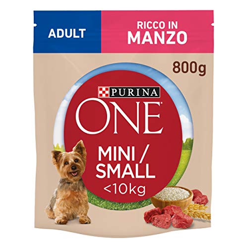 Purina One Mini croquetas para Perro Adulto Rico en Ternera, con arroz, para Perros de hasta 10 kg – 8 Bolsas de 800 g Cada uno