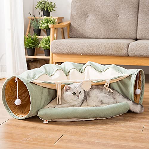 Putybudy - Cama plegable 2 en 1, diseño de gato con túnel de peluche interactivo para gato, color verde