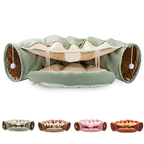 Putybudy - Cama plegable 2 en 1, diseño de gato con túnel de peluche interactivo para gato, color verde