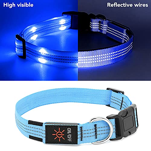 PZRLit Collar Luminoso Perro Recargable con 3 Modos de iluminación Collar Luz Perro Noche de Seguridad, Ajustable para Cachorros Pequeños, Medianos y Grandes Collar LED Perro Luminoso-Azul,Medio