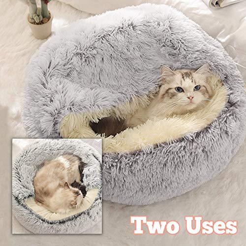 Queta Cama para Gatos y Perros Cesta Cálida Semicerrada para Mascotas, Sofá de Peluche Suave para Cachorros Casa Nido Cómoda Antideslizante para Mascota Pequeña Mediana, 40 * 40cm (Gris)